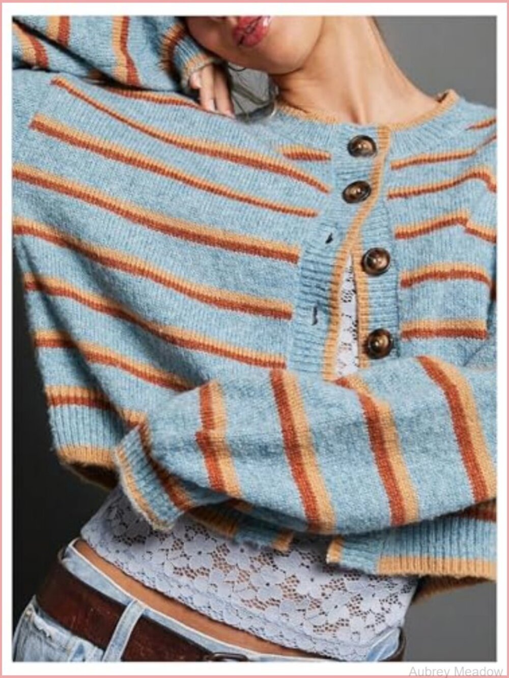 Striped Button Front Cropped Cardigan Long Sleeve Lightweight Knit - Picture 5 of 5